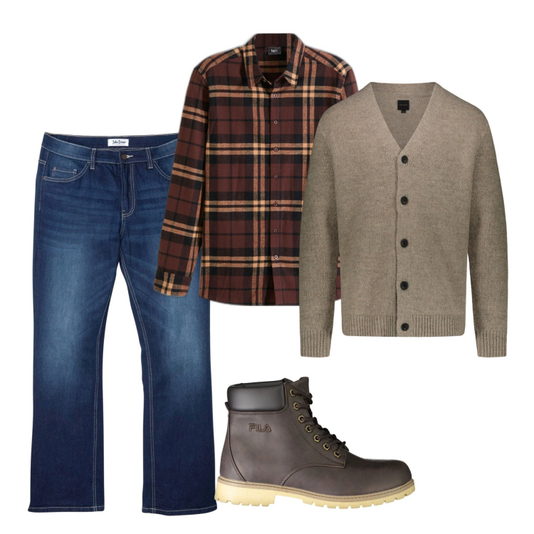 Outfit uomo - Casual man. Stile Casual per Tutti i giorni. Abbinamento con jeans bootcut, camicie, cardigans, stivali.