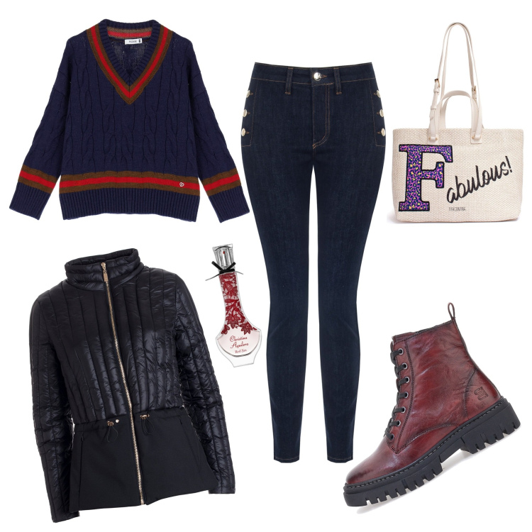 Outfit donna - Shopping -time. Stile Casual per Tutti i giorni. Abbinamento con profumi, jeans skinny, piumini, borse a tracolla, pullovers, anfibi.