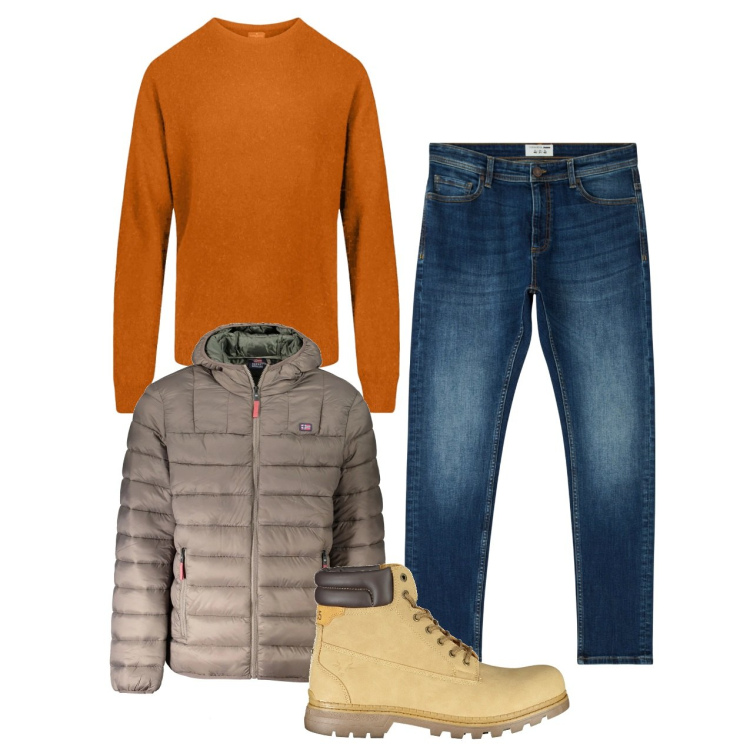 Outfit uomo - Il pullover zucca. Stile Casual per Tutti i giorni. Abbinamento con jeans skinny, maglieria, stivali, giacche.