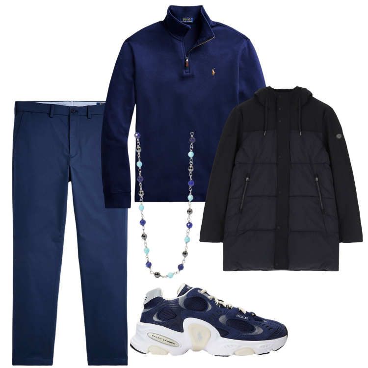 Outfit uomo - Novembre. Stile Casual per Tutti i giorni. Abbinamento con collane, piumini, pullovers, sneakers, pantaloni chino.
