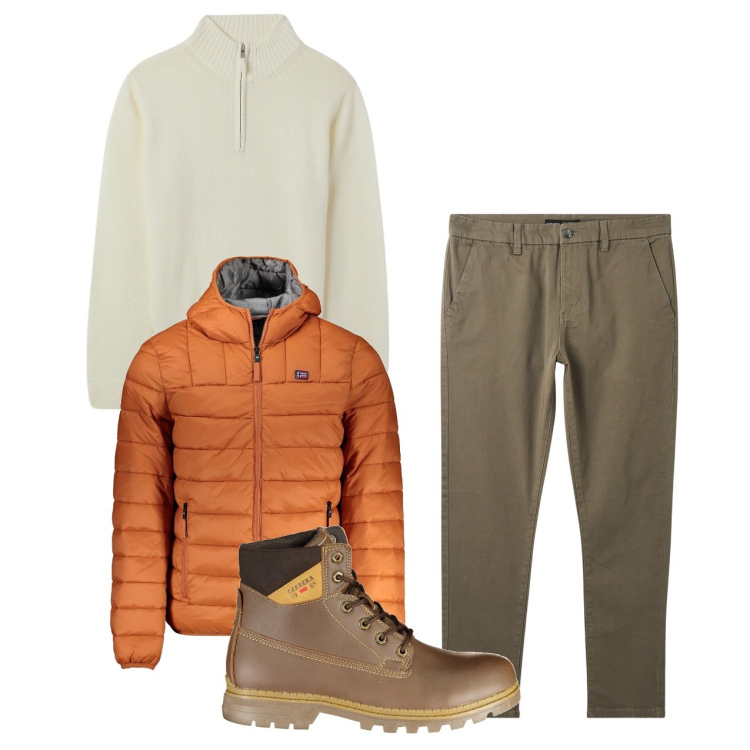 Outfit uomo - Color mango. Stile Casual per Tutti i giorni. Abbinamento con pantaloni chino, maglieria, giacche, stivali.