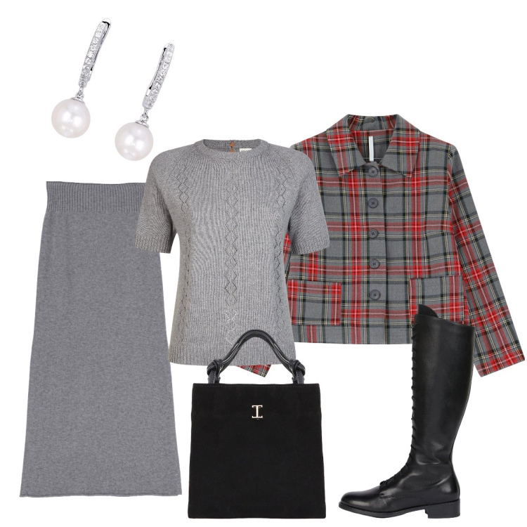 Outfit donna - Finalmente la cena con le amiche. Stile Minimal per Serata fuori. Abbinamento con orecchini, gonne longuette, blazer, shopping bag, maglieria, stivali.