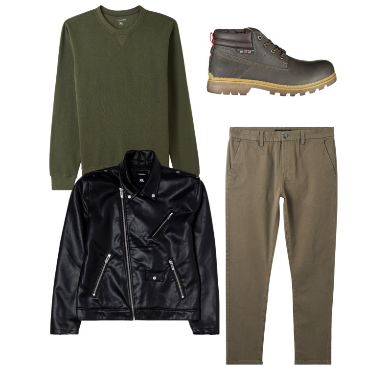 Outfit uomo - Il biker rock. Stile Casual per Serata speciale. Abbinamento con pantaloni chino, felpe, giacche, stivali.