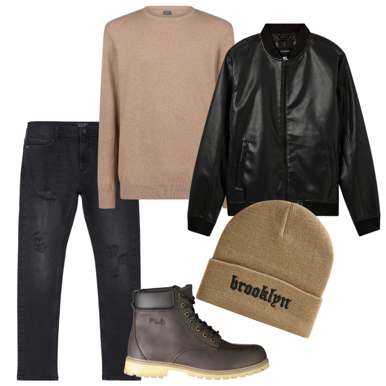 Outfit uomo - Il biker sul nocciola. Stile Trendy per Serata speciale. Abbinamento con jeans strappati, bomber, berretti, maglieria, stivali.