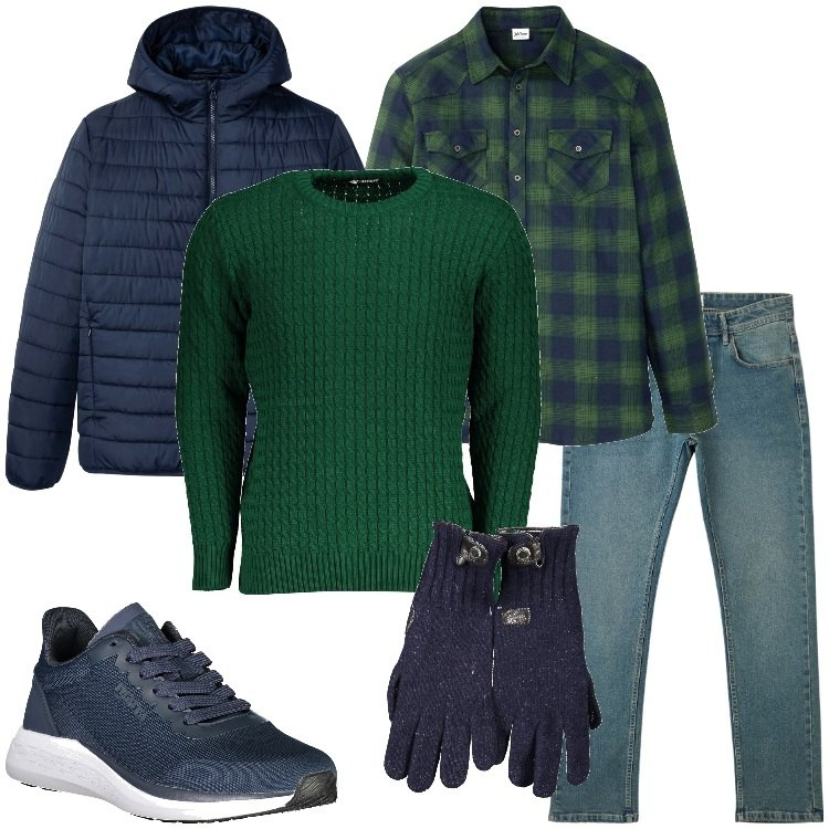 Outfit uomo - Dettagli verde bottiglia. Stile Casual per Tutti i giorni. Abbinamento con camicie, giacche, jeans, maglieria, sneakers, guanti.