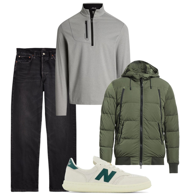 Outfit uomo - Novembre. Stile Casual per Tutti i giorni. Abbinamento con piumini, sneakers, jeans dritti, pullovers.