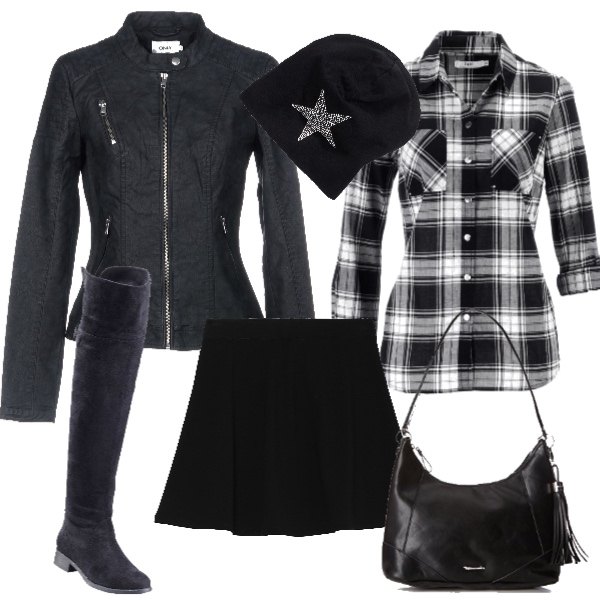 Outfit donna - Trendy. Stile Trendy per Tutti i giorni. Abbinamento con camicie, stivali sopra il ginocchio, berretto con strass jersey, giubbotto collo coreana a maniche lunghe con zip interno foderato in pelle sintetica tinta unita, gonna a ruota nero, borsa a spalla nero.