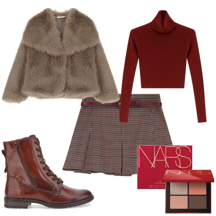 Outfit donna - Amaranto su scacchi a sfondo beige. Stile Chic per Serata fuori. Abbinamento con ombretti, maglieria, minigonne, ecopellicce, anfibi.