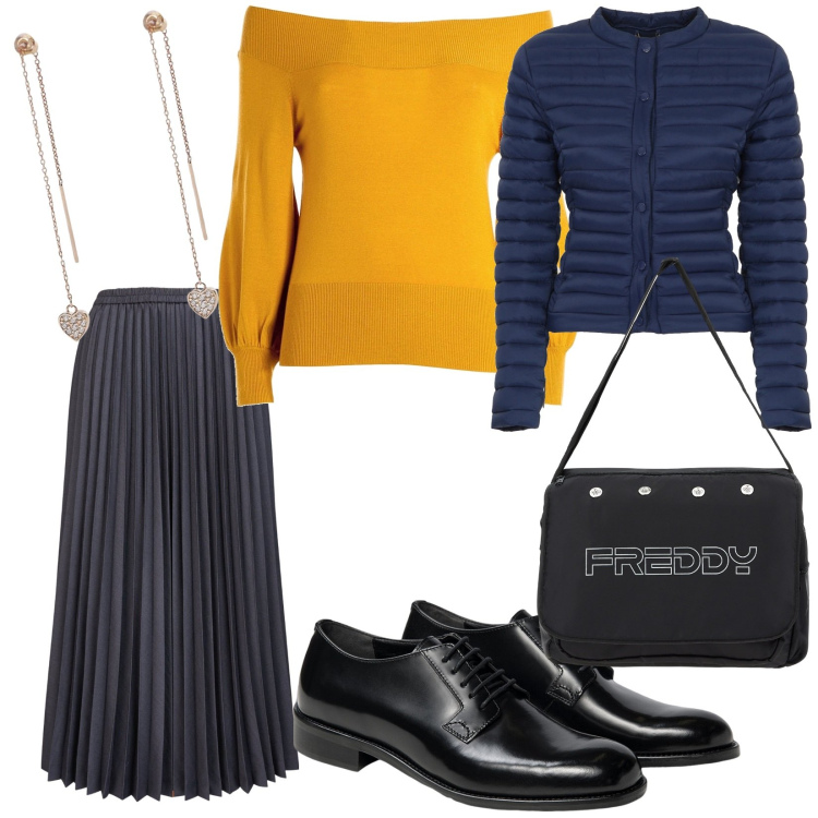 Outfit donna - Dall\' ufficio a cena con amiche. per Serata fuori. Abbinamento con orecchini, maglieria, piumini, borse messenger, gonne longuette, scarpe stringate.