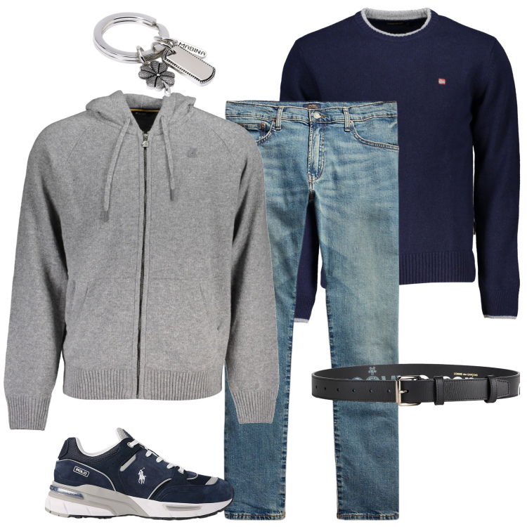 Outfit uomo - Weekend casual. Stile Casual per Tutti i giorni. Abbinamento con cinture, portachiavi, jeans, sneakers, cardigans, maglieria.