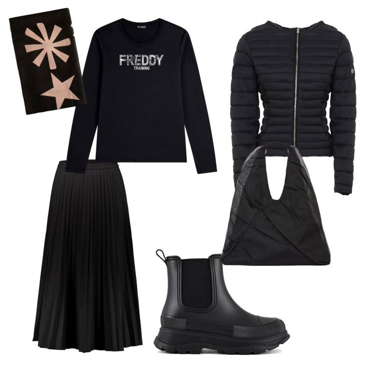 Outfit donna - Il nero e basta. per Tutti i giorni. Abbinamento con piumini, t-shirt, gonne lunghe, stivali, shopping bag, sciarpe.