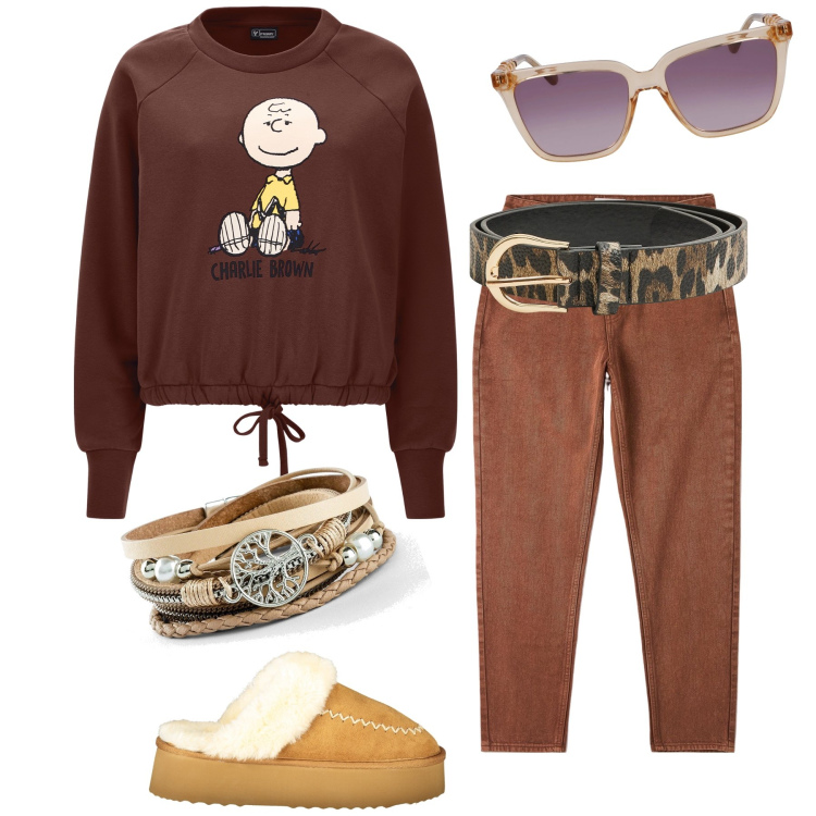 Outfit donna - Relax coi Peanuts. Stile Basic per Tutti i giorni. Abbinamento con braccialetti, jeans mom, cinture, felpe, ciabatte, occhiali da sole.