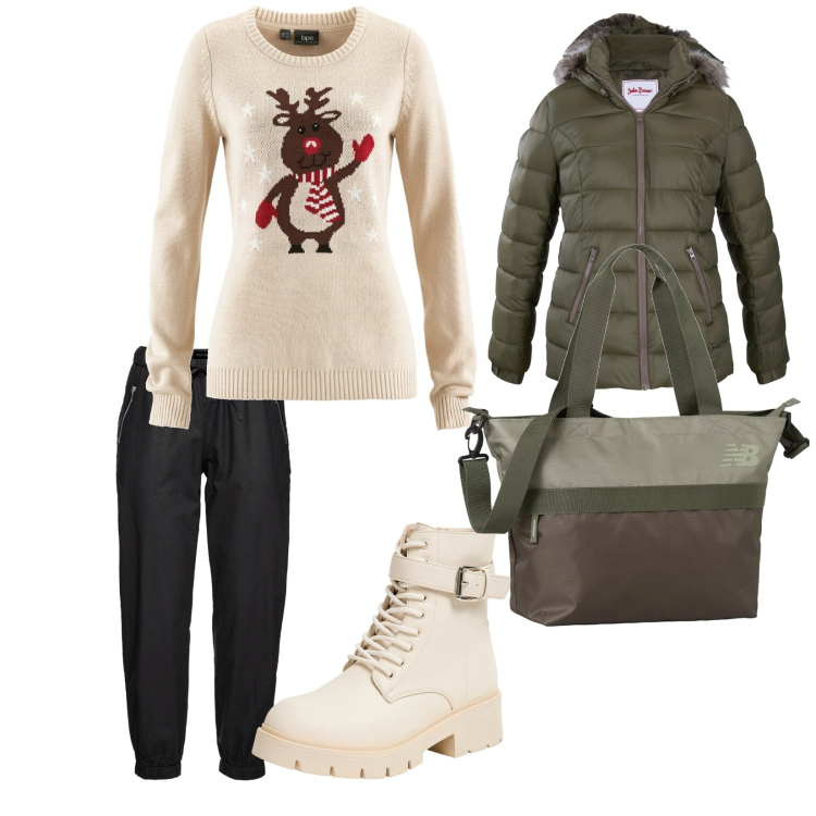 Outfit donna - Compere natalizie. per Tutti i giorni. Abbinamento con pantaloni, piumini, maglieria, anfibi, borse tote.