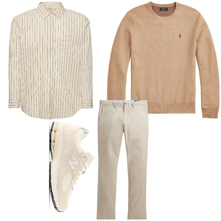 Outfit uomo - Camicia a righe e beige. Stile Casual per Tutti i giorni. Abbinamento con sneakers, pantaloni, maglieria, camicie.