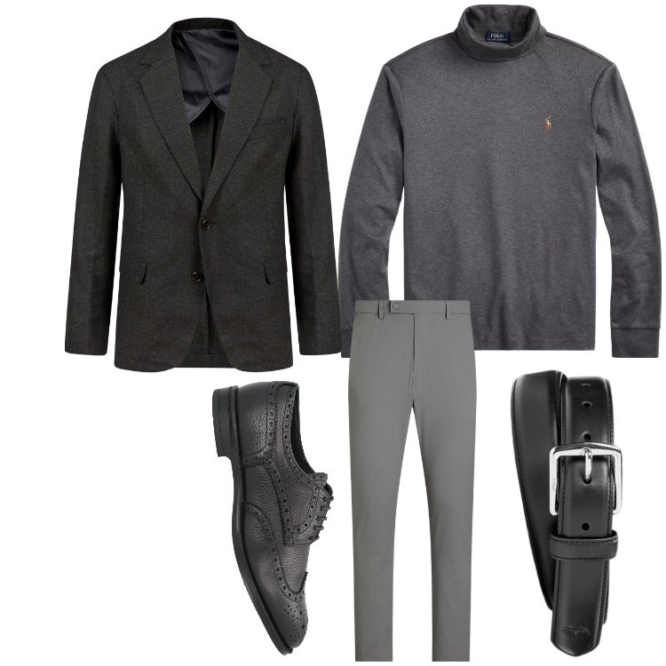 Outfit uomo - Il rigore del grigio. Stile Business/Elegante per Ufficio. Abbinamento con scarpe stringate, cinture, polo, pantaloni, giacche.