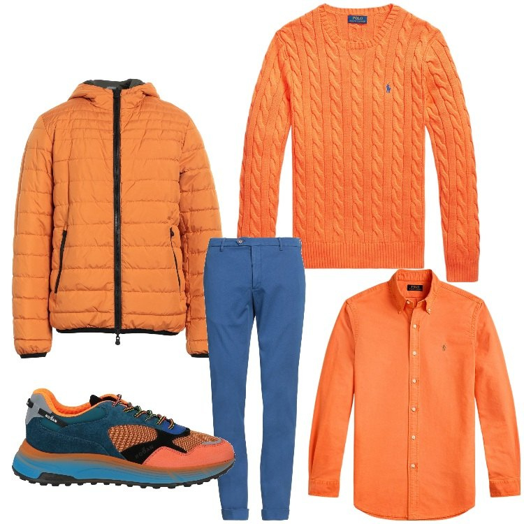 Outfit uomo - Arancio e blu. Stile Casual per Tutti i giorni. Abbinamento con pantaloni, piumini, sneakers, maglieria, camicie.