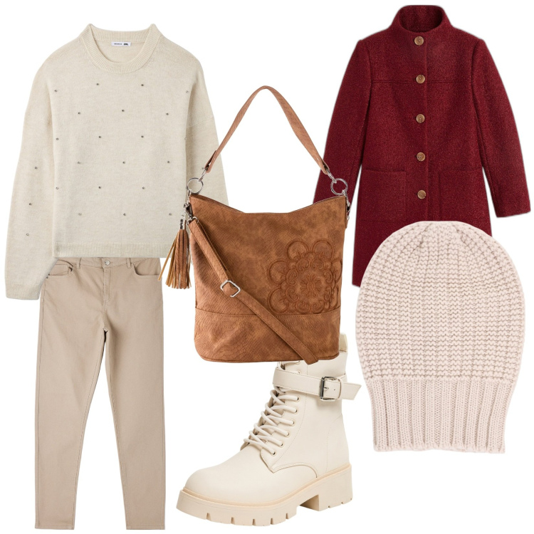 Outfit donna - Per i mercatini di natale. per Tutti i giorni. Abbinamento con borse a mano, cappotti, maglieria, pantaloni, anfibi, berretti.