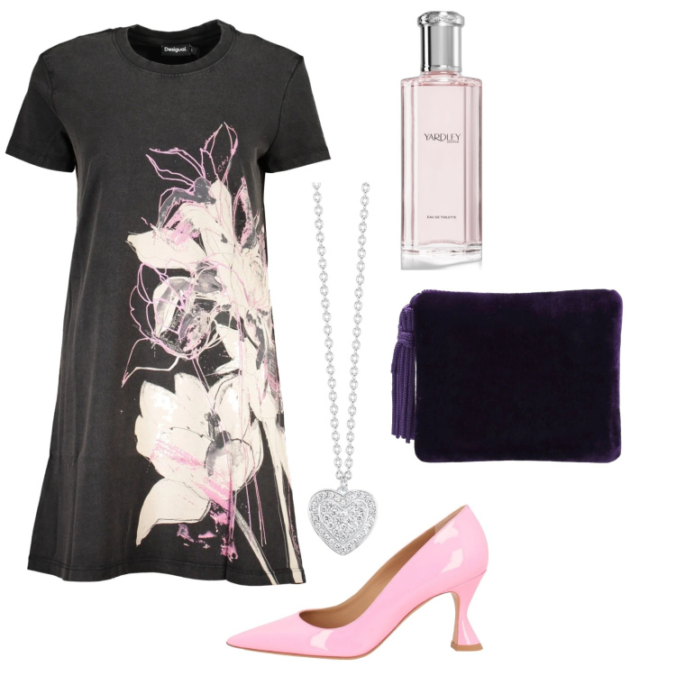 Outfit donna - Floreale. Stile Casual chic per Cerimonia. Abbinamento con décolleté, profumi, collane, vestiti corti, pochette.