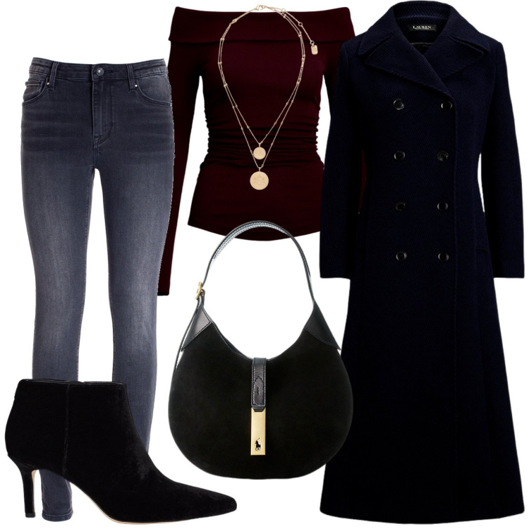 Outfit donna - Cappotto maxi doppio petto. Stile Casual chic per Serata fuori. Abbinamento con jeans skinny, ciondoli, cappotti, maglieria, stivaletti, borse a spalla.