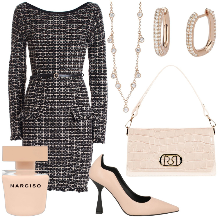 Outfit donna - Abito invernale. Stile Chic per Serata fuori. Abbinamento con décolleté, profumi, orecchini, collane, borse a tracolla, vestiti.