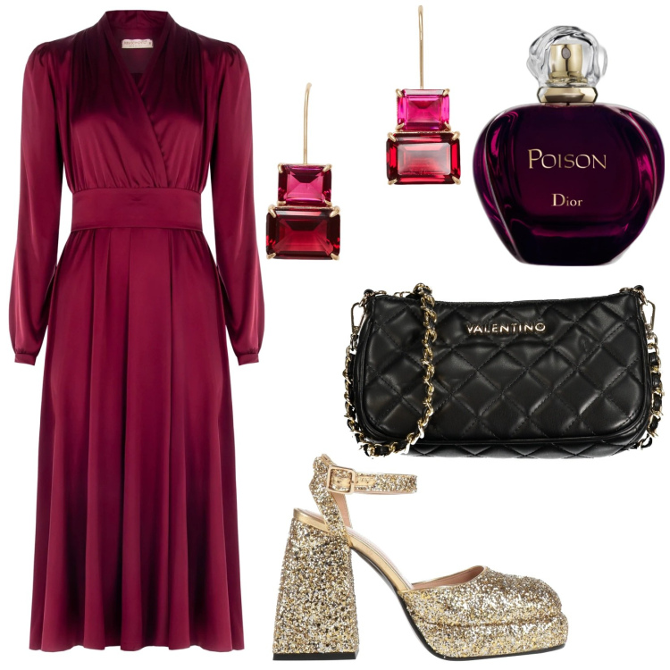 Outfit donna - Acquisti per Natale. Stile Glamour per Serata fuori. Abbinamento con décolleté, profumi, vestiti lunghi, orecchini, borse a spalla.