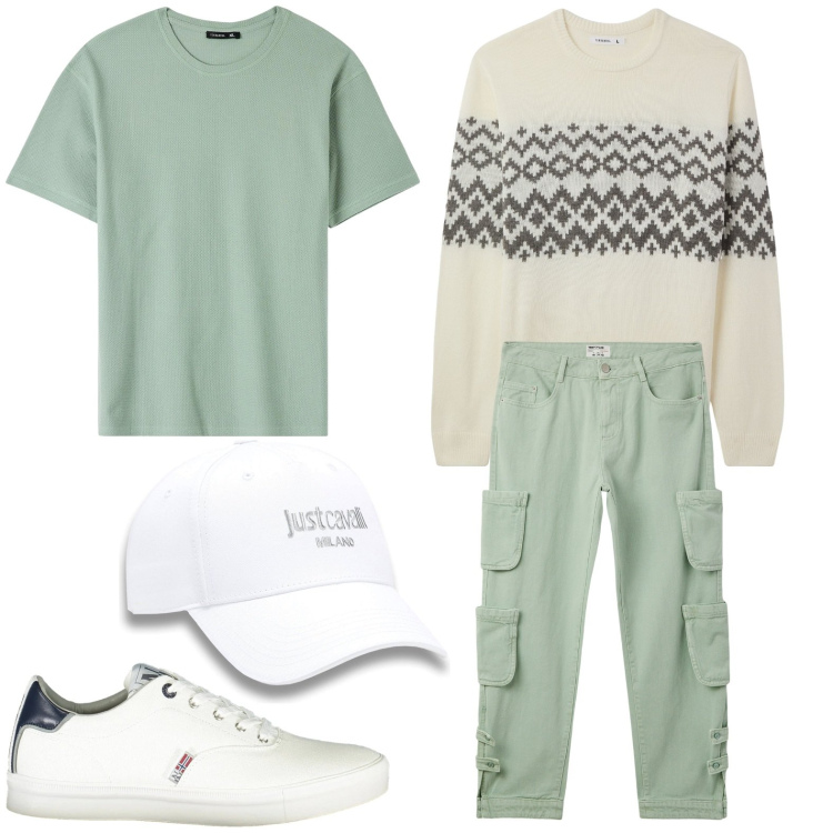 Outfit uomo - I cargo menta. Stile Urban per Tutti i giorni. Abbinamento con jeans, t-shirt, maglieria, cappelli con visiera, sneakers.