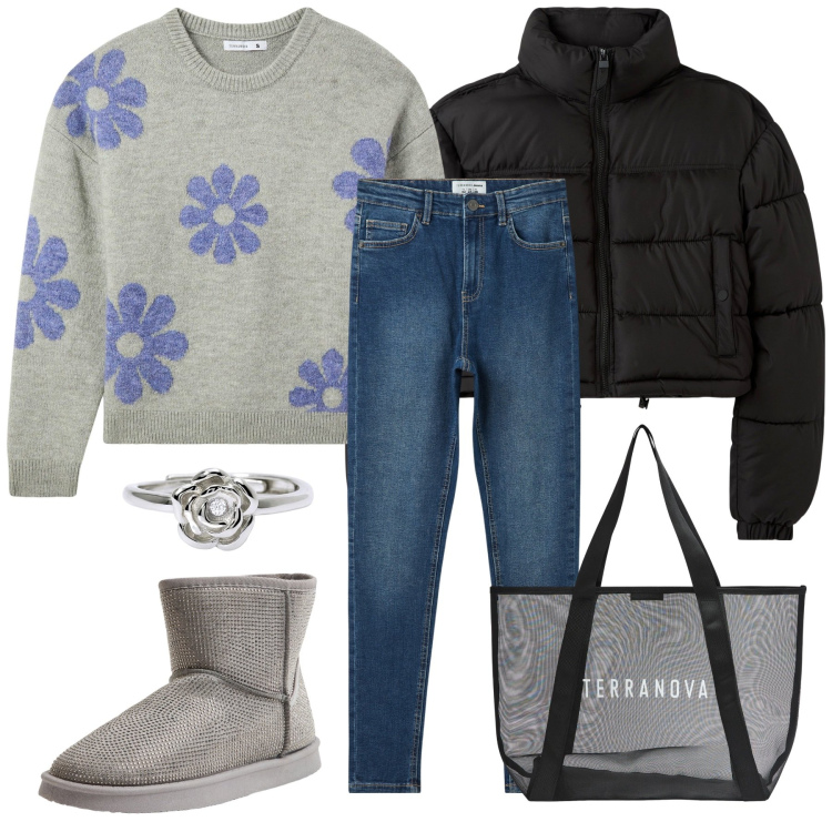 Outfit donna - Total look #2010436. Stile Casual chic per Scuola/Università. Abbinamento con stivali, maglieria, jeans skinny, blazer, shopping bag, anelli.