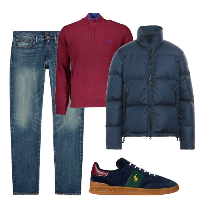 Outfit uomo - City. Stile Casual per Tutti i giorni. Abbinamento con piumini, sneakers, jeans, maglieria.