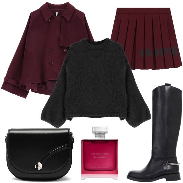 Outfit donna - Uscita con le amiche. Stile Casual chic per Serata fuori. Abbinamento con profumi, pullovers, stivali, caban, minigonne, borse a tracolla.
