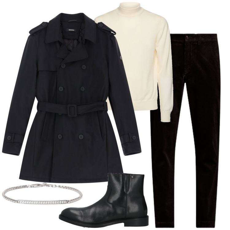 Outfit uomo - Total look #2010459. Stile Trendy per Tutti i giorni. Abbinamento con stivali e stivaletti, braccialetti, trench, pantaloni, maglieria.