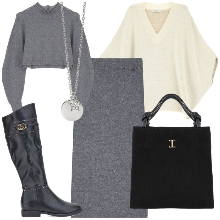Outfit donna - Sopra e sotto il cappotto. Stile Casual chic per Tutti i giorni. Abbinamento con maglieria, shopping bag, ciondoli, cappotti, gonne lunghe, stivali sopra il ginocchio.
