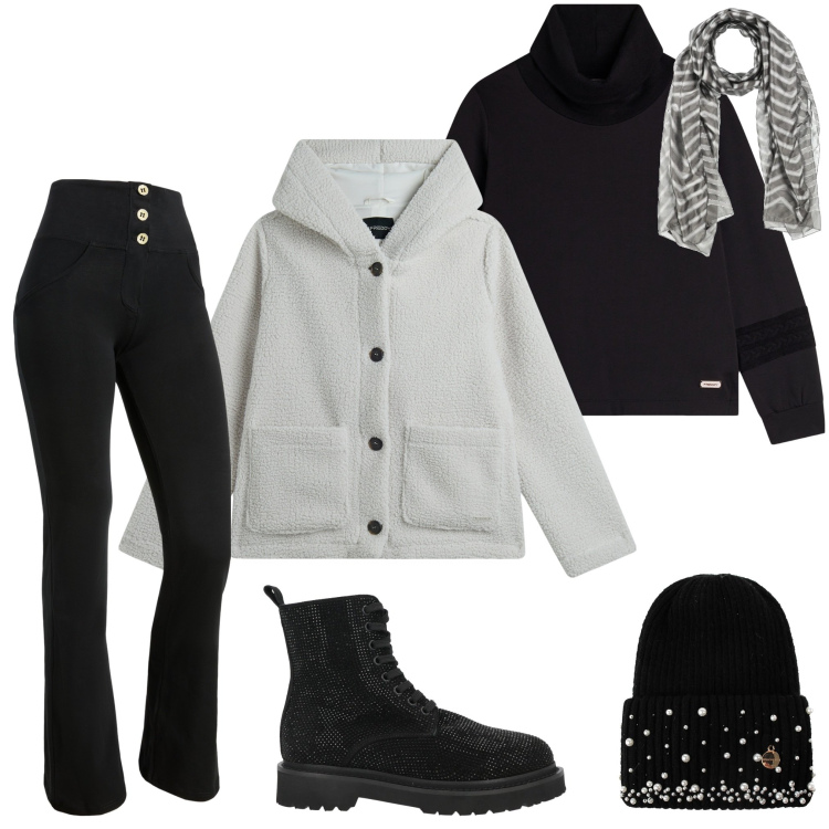 Outfit donna - In centro con le amiche. Stile Casual per Tutti i giorni. Abbinamento con sciarpe, stivaletti, berretti, felpe, pantaloni skinny, blazer.