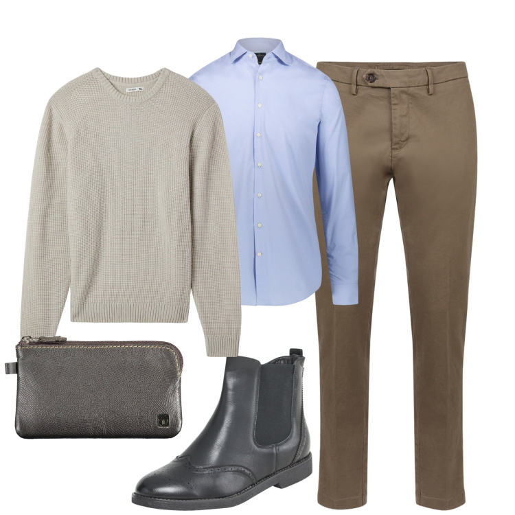 Outfit uomo - Total look #2010468. Stile Business/Elegante per Tutti i giorni. Abbinamento con stivali e stivaletti, maglieria, pantaloni chino, portafogli, camicie.