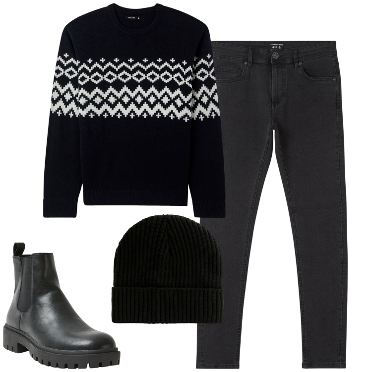 Outfit uomo - Total look #2010470. Stile Casual per Tutti i giorni. Abbinamento con jeans skinny, stivali e stivaletti, maglieria, berretti.