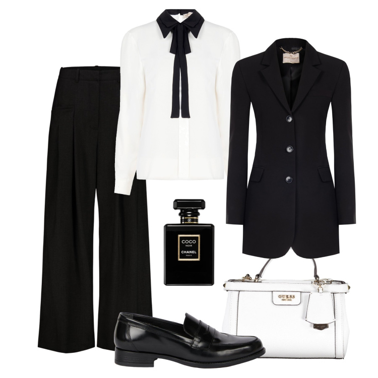 Outfit donna - La blusa con il cravattino in ufficio. Stile Glamour per Ufficio. Abbinamento con profumi, blazer, bluse, mocassini, pantaloni, borse a tracolla.