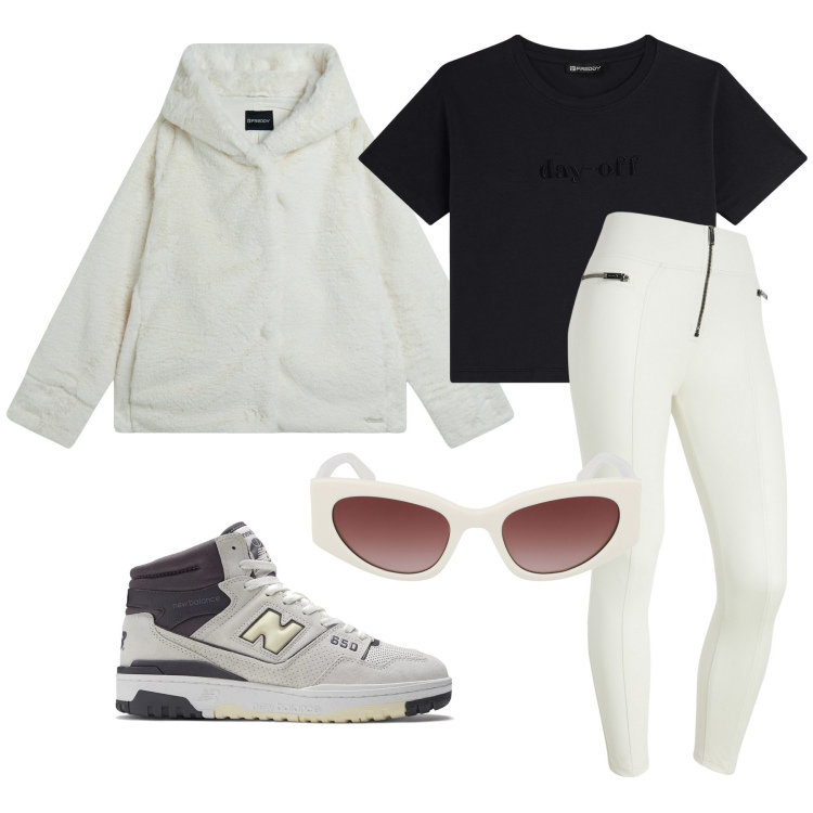 Outfit donna - Sport invernali. Stile Basic per Sport. Abbinamento con sneakers, pantaloni skinny, t-shirt, blazer, occhiali da sole.