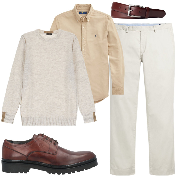 Outfit uomo - Beige e marrone scuro. Stile Casual per Ufficio. Abbinamento con scarpe stringate, maglieria, cinture, pantaloni chino, camicie.