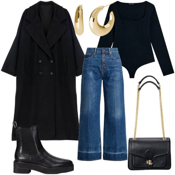 Outfit donna - cappotto nero doppiopetto. Stile Casual chic per Serata fuori. Abbinamento con orecchini, cappotti, body, borse a spalla, stivaletti chelsea, jeans.
