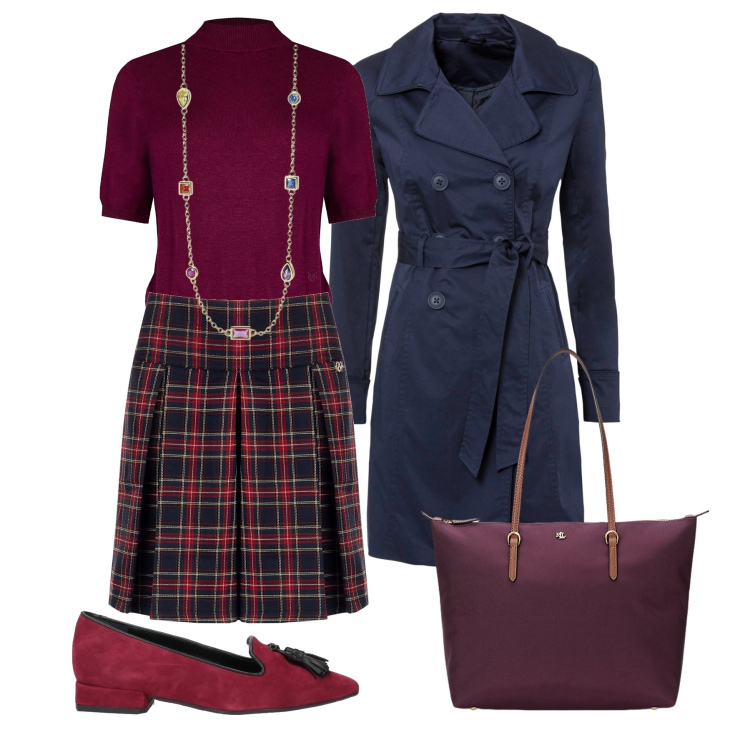Outfit donna - La mini tartan e il trench. Stile Trendy per Tutti i giorni. Abbinamento con trench, mocassini, collane, minigonne, maglieria, borse tote.