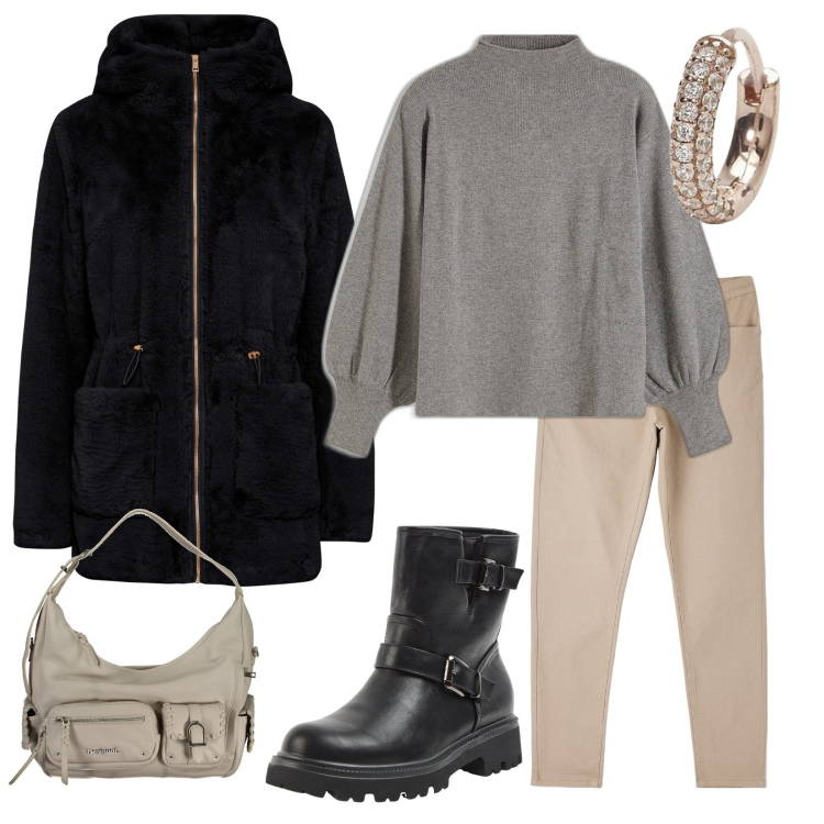 Outfit donna - In città. Stile Casual chic per Tutti i giorni. Abbinamento con maglieria, ecopellicce, pantaloni, stivaletti, orecchini, borse a spalla.