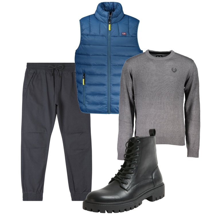 Outfit uomo - Sporty look. Stile Urban per Tutti i giorni. Abbinamento con pantaloni, anfibi, giacche, maglieria.