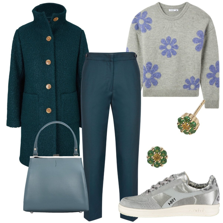 Outfit donna - Ottanio. Stile Sporty chic Abbinamento con cappotti, maglieria, orecchini, pantaloni, sneakers, clutch.
