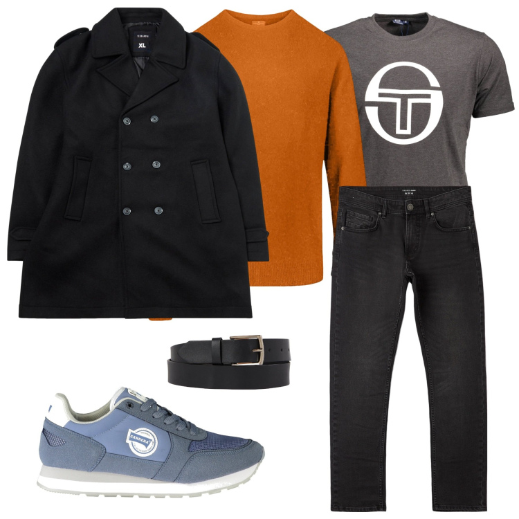 Outfit uomo - Thursday\'s. Stile Casual per Ufficio. Abbinamento con cappotti, jeans dritti, cinture, sneakers, maglieria, t-shirt.
