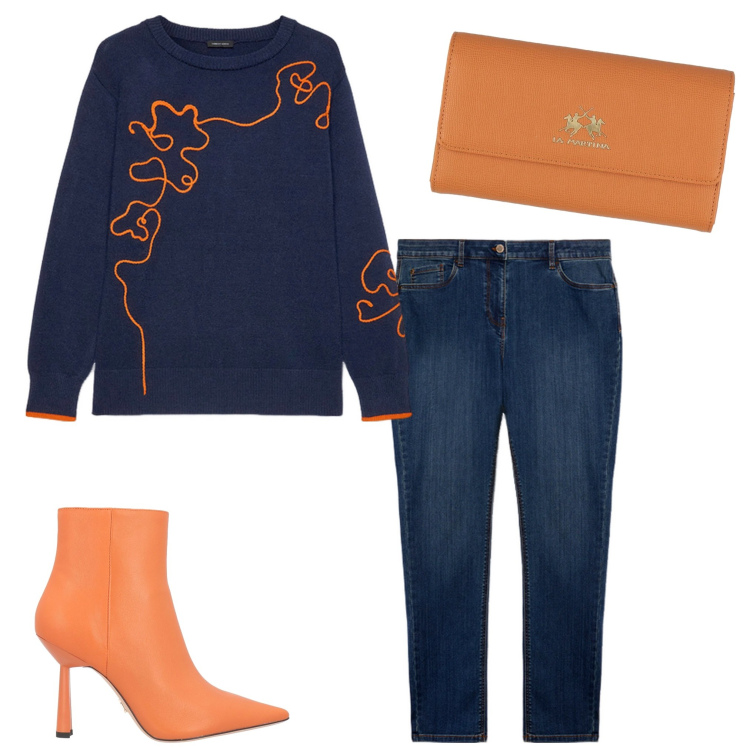 Outfit donna - Colori vivaci. Stile Casual chic per Serata fuori. Abbinamento con stivaletti, portafogli, maglieria, jeans skinny.