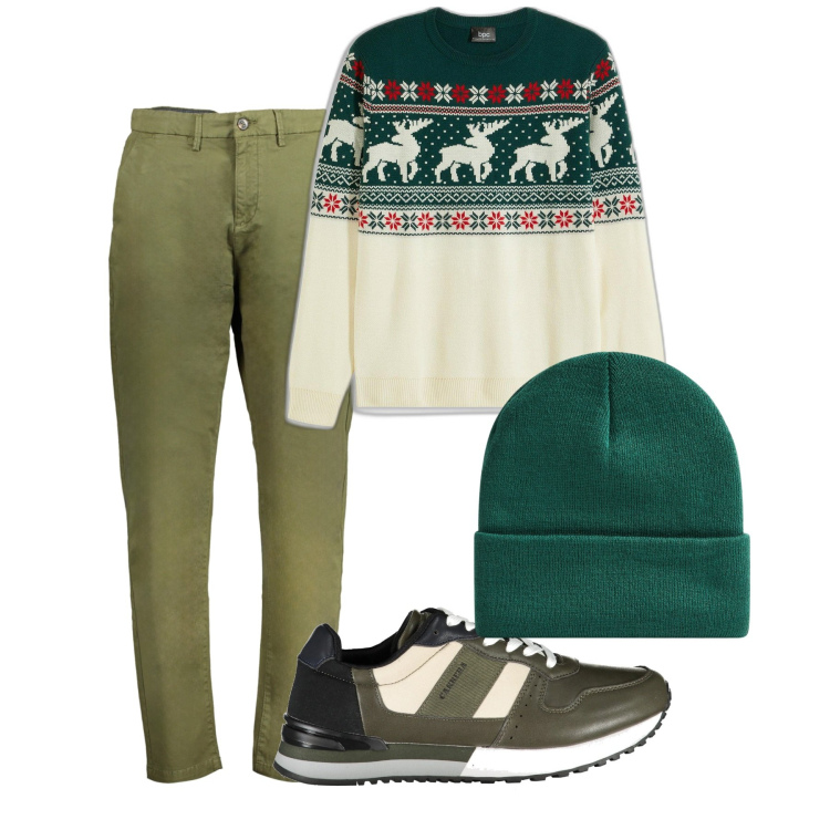 Outfit uomo - Green city. Stile Casual per Tutti i giorni. Abbinamento con maglieria, berretti, pantaloni, sneakers.