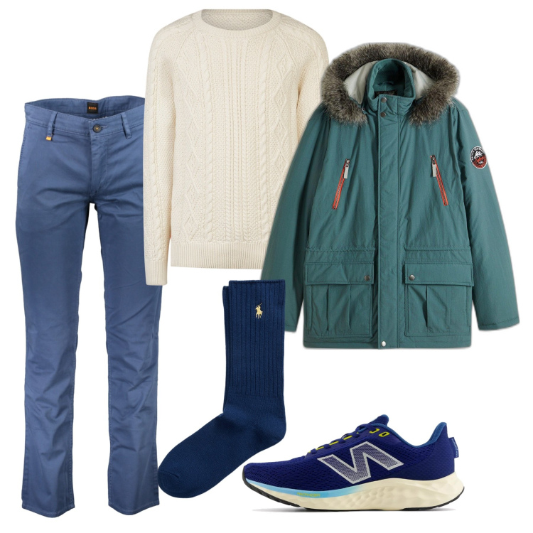 Outfit uomo - Al caldo. Stile Casual per Tutti i giorni. Abbinamento con parka, sneakers, calzini, pantaloni, maglieria.