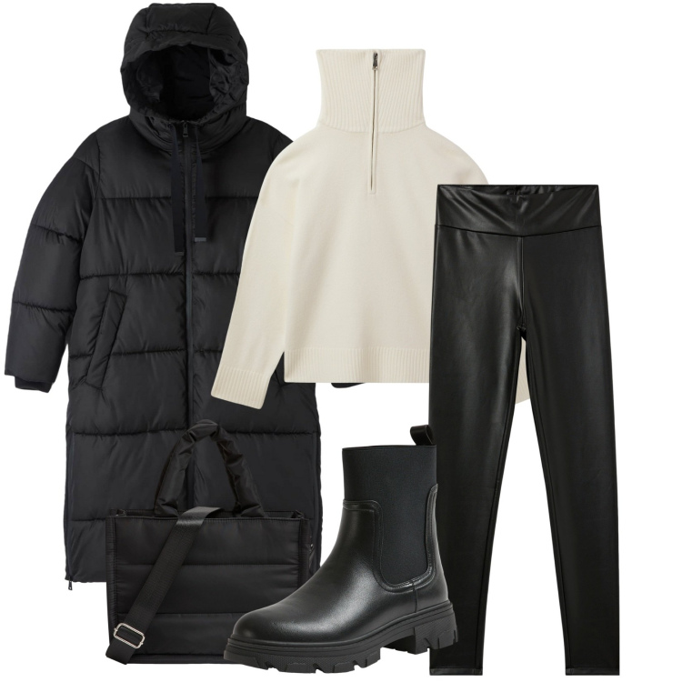 Outfit donna - Terranova black Friday. Stile Sporty chic per Tutti i giorni. Abbinamento con treggings, piumini, maglieria, stivaletti chelsea, shopping bag.