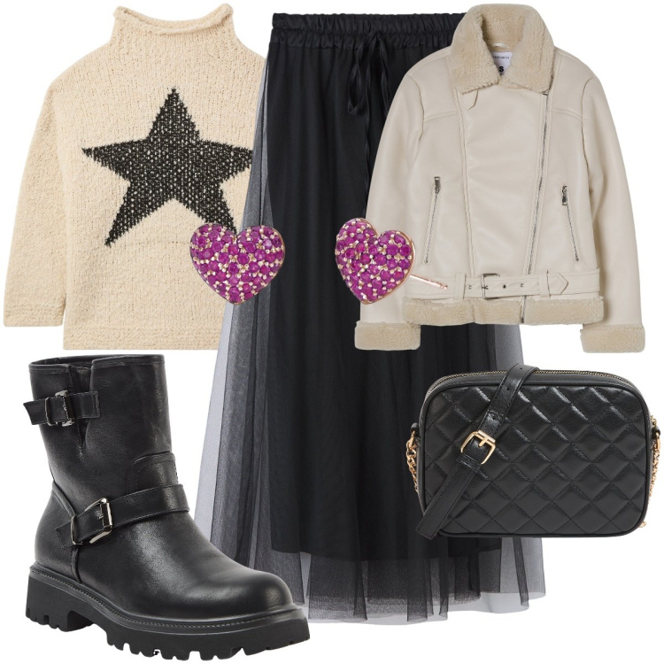 Outfit donna - Terranova black friday. Stile Casual per Tutti i giorni. Abbinamento con gonne lunghe, maglieria, blazer, stivaletti, borse a tracolla, orecchini.