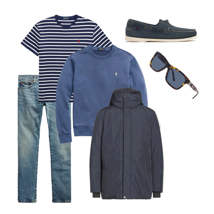 Outfit uomo - Mare, mare. Stile Casual per Tutti i giorni. Abbinamento con parka, jeans, t-shirt, occhiali da sole, felpe, scarpe stringate.