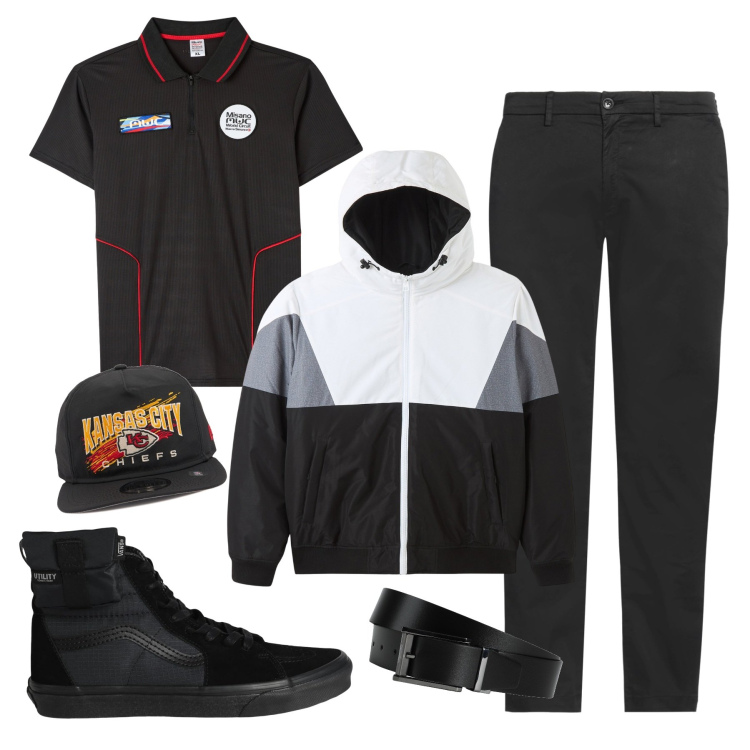 Outfit uomo - Youth. Stile Urban per Tutti i giorni. Abbinamento con cinture, sneakers alte, pantaloni chino, polo, giacche, cappelli con visiera.